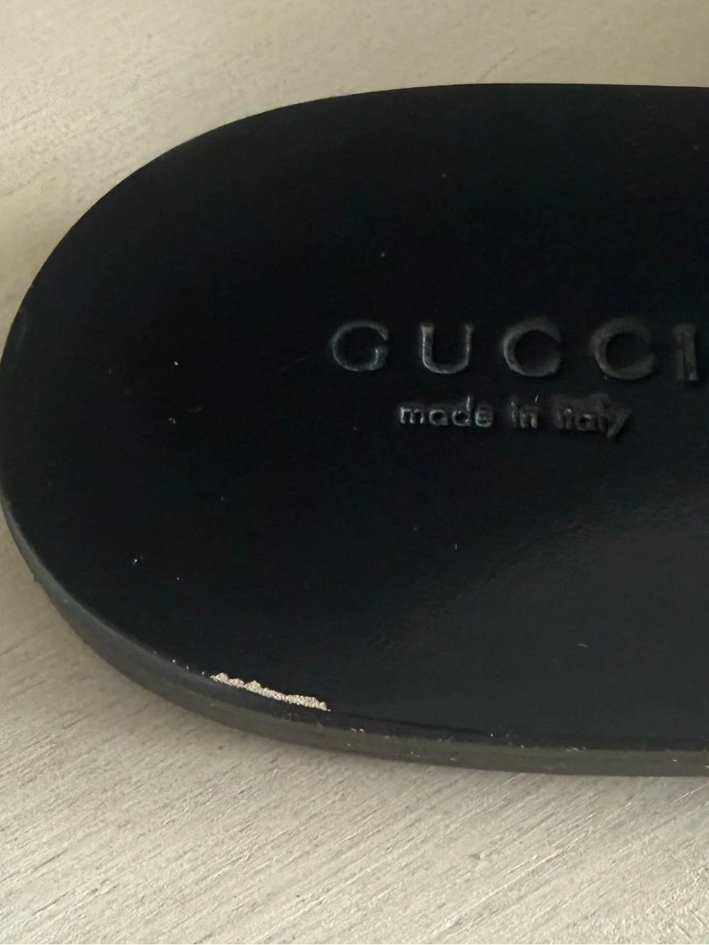 Authentic Gucci Black Leather GG Gold-Logo Thong Sandals